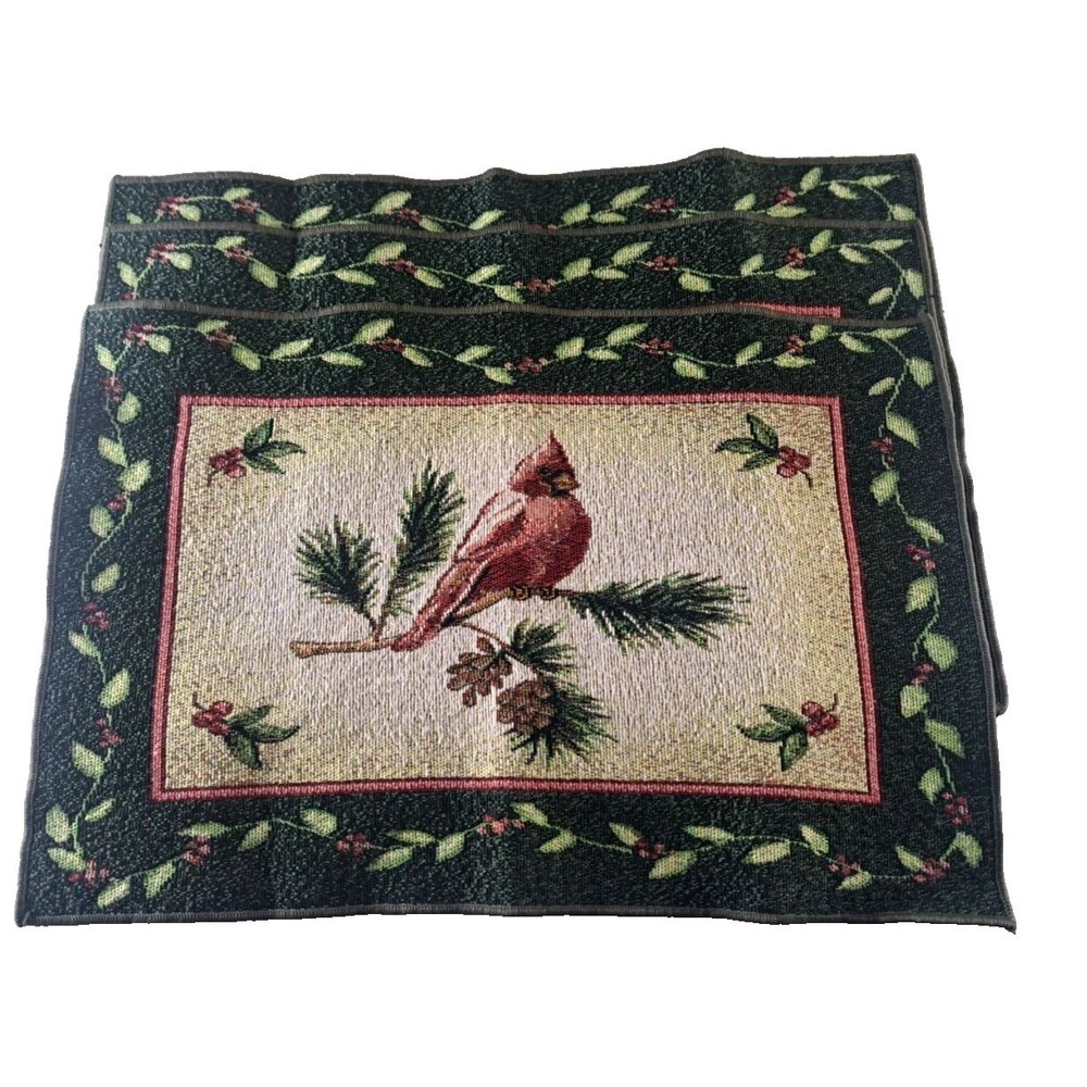 Vintage Tapestry Placemats Red Cardinal Bird Holly Set of 3 Cabin Cottage 12x18